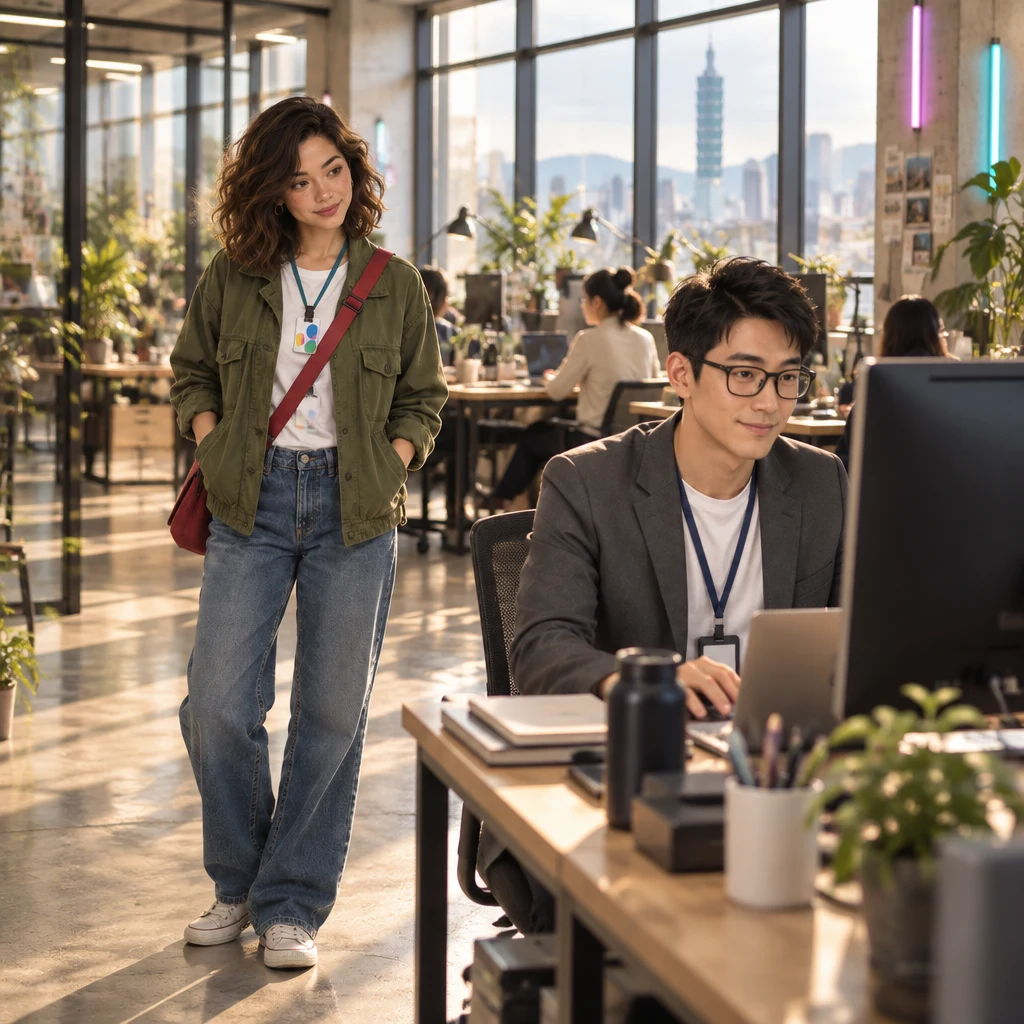 Maya waits beside Zhi-Ming’s desk in a sunlit Taipei coworking studio while he works at a large monitor.
