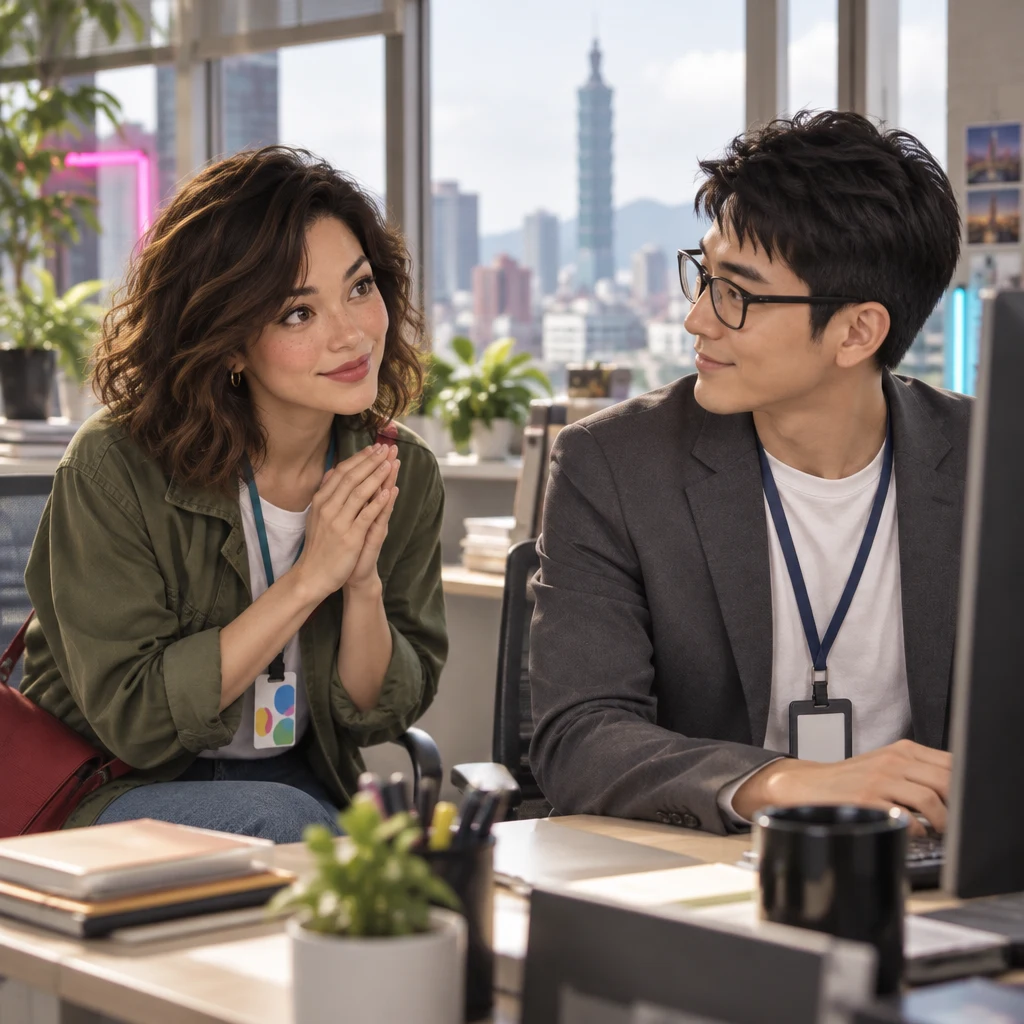 Maya leans toward Zhi-Ming’s desk with a polite, careful gesture as she asks for a day off.