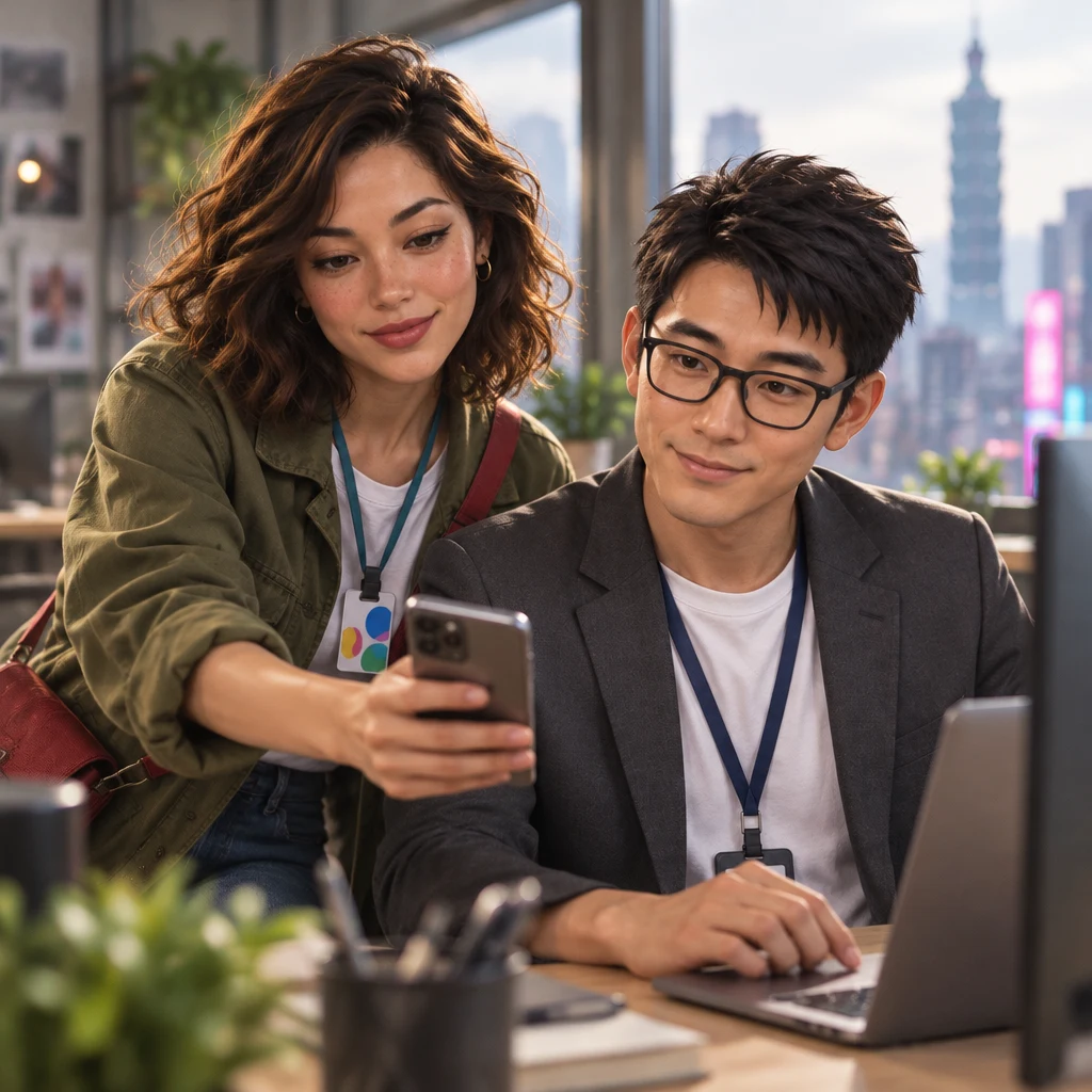 Maya holds a phone out toward Zhi-Ming over the desk while he listens.