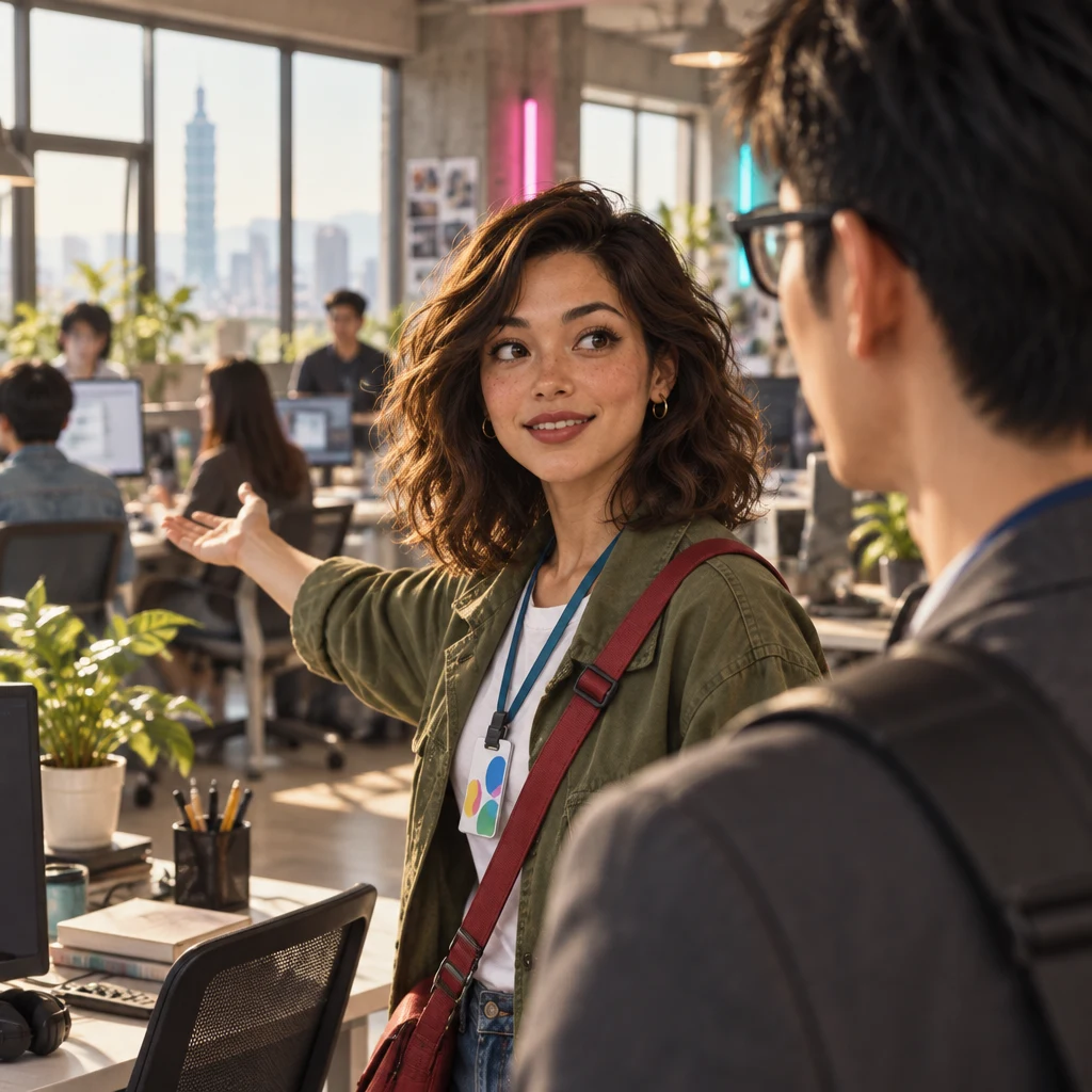 Maya turns from Zhi-Ming and looks across the open studio with an open-hand question toward other desks.