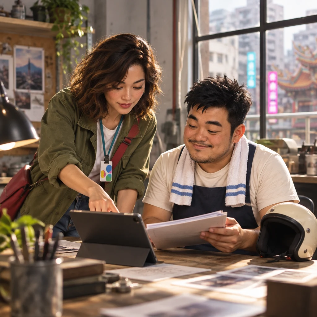 Maya leans over A-Jie’s desk and hands over a folder while pointing at a tablet.