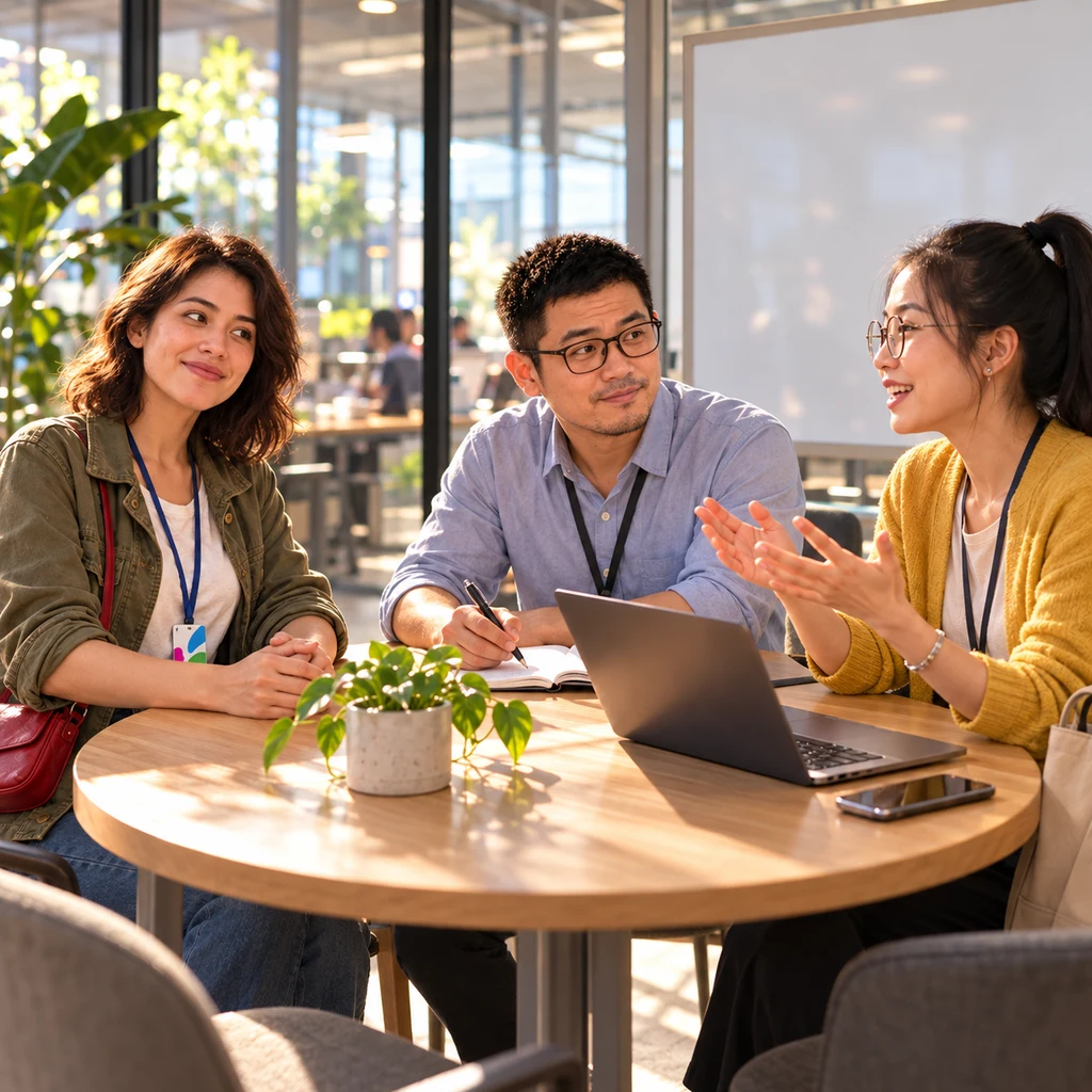 Maya sits as chair at a round coworking table facing Zhi-Ming with an open notebook and Yi-Jun already gesturing, a blank whiteboard behind them.
