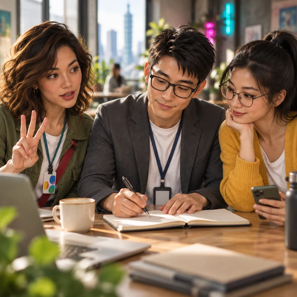 Maya holds up three fingers above the table while Zhi-Ming writes in a notebook and Yi-Jun leans in with a chin on one fist.