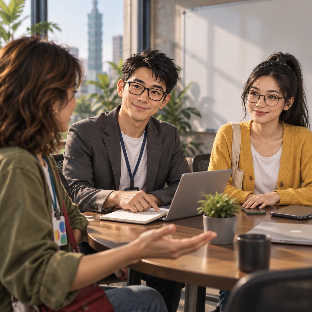 Maya extends an open palm to invite short reports while Zhi-Ming points at a notebook page and Yi-Jun waits with one hand on the table.
