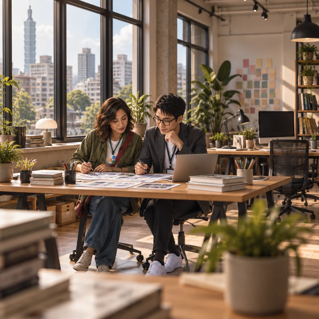 Maya and Zhi-Ming sit small at a sunlit Da'an design-studio desk, bent together over blurred mockups.
