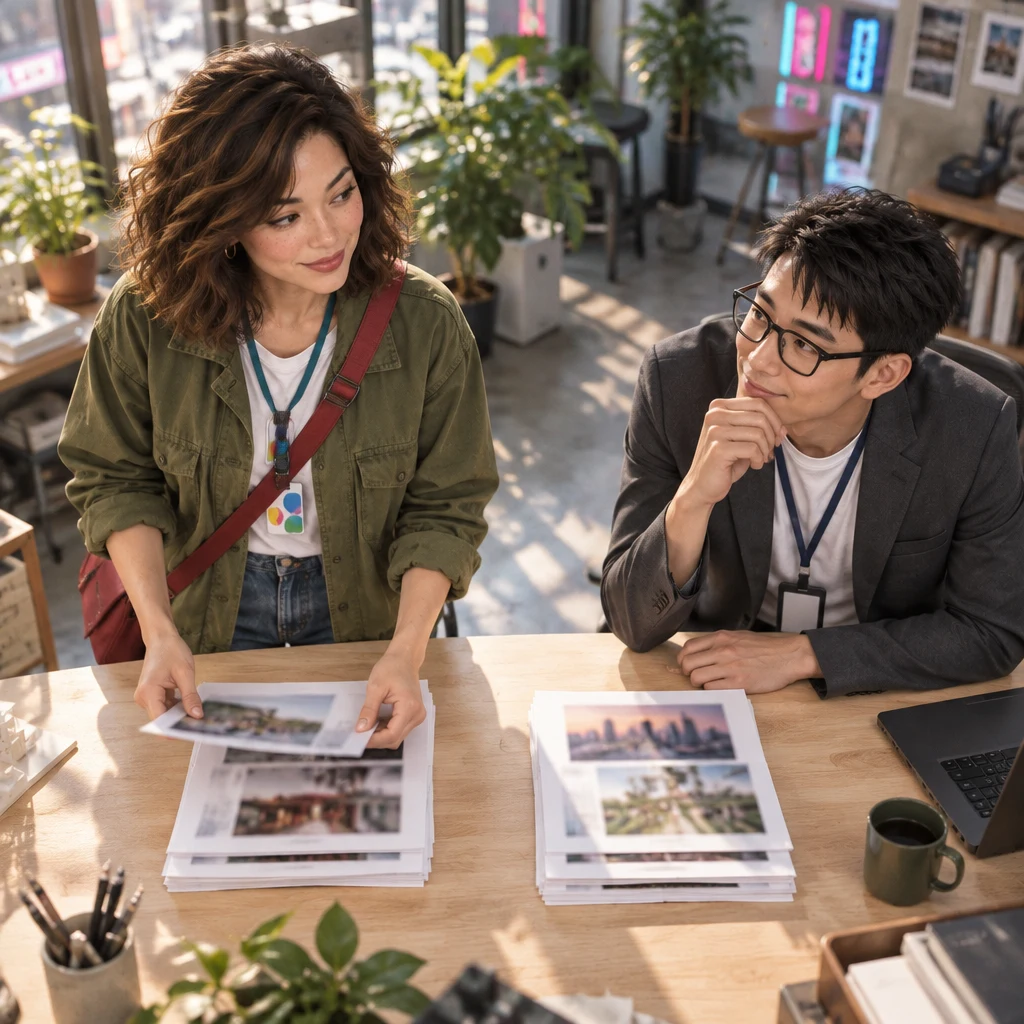 Maya stands at the desk dividing blurred printouts into two equal piles while Zhi-Ming watches from his chair.