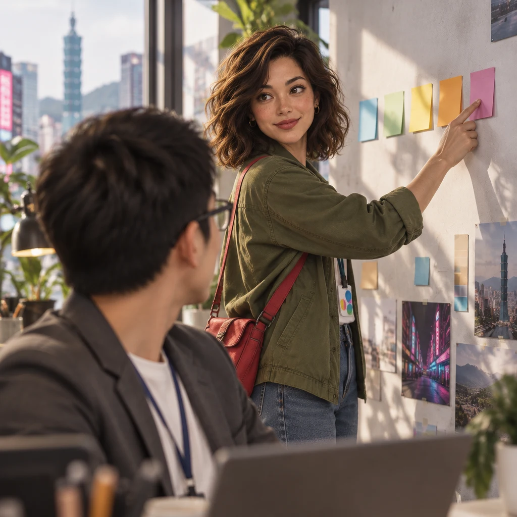 Maya stands at a wall of blank colored sticky squares, tapping a later square and looking back over her shoulder.