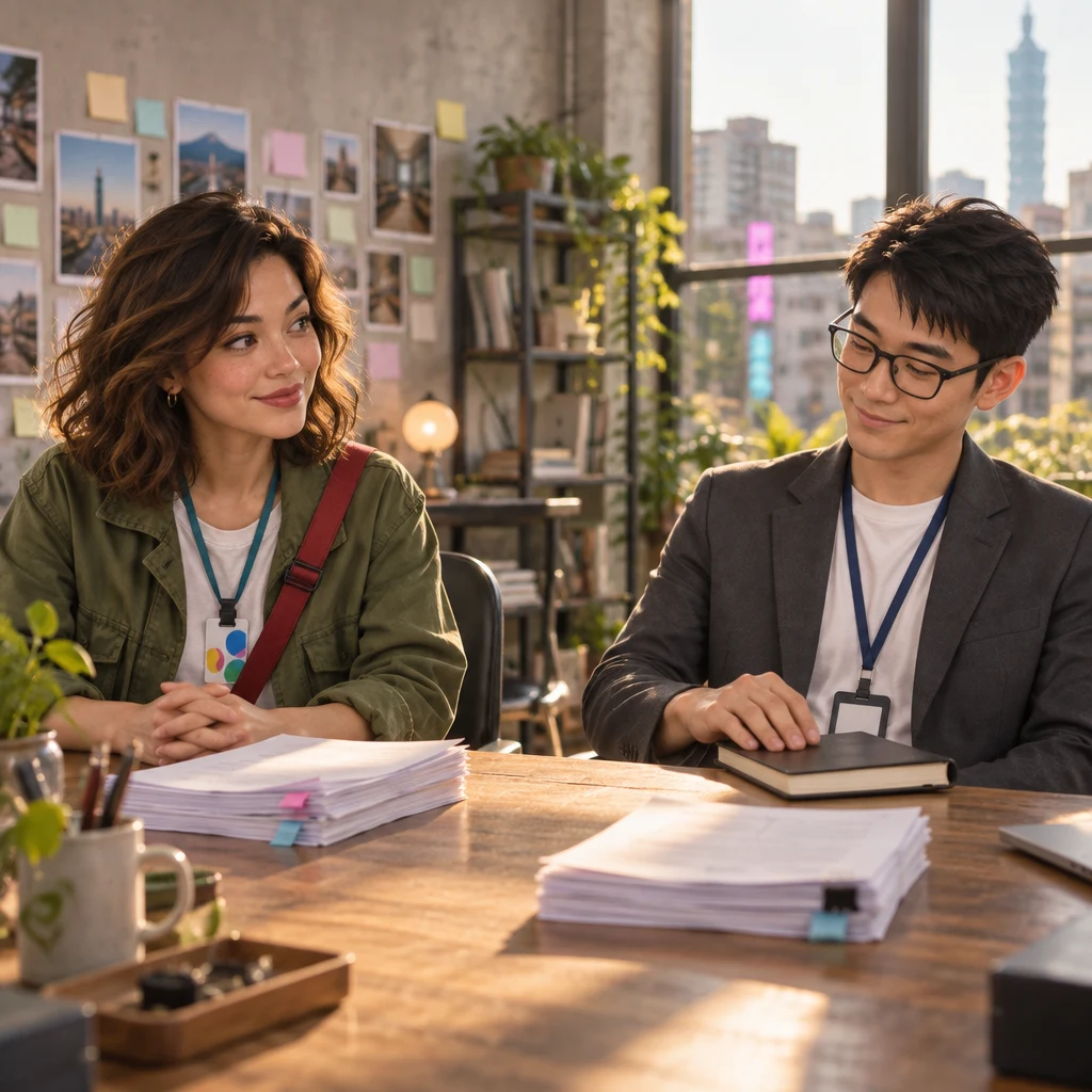Zhi-Ming sits back at the studio desk closing an unmarked notebook with a confirming nod while Maya sits opposite.