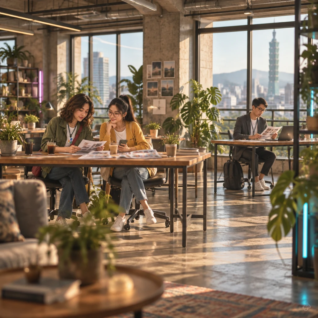 Maya and Yi-Jun sit small at a sunlit coworking table while Zhi-Ming works farther back by the windows.