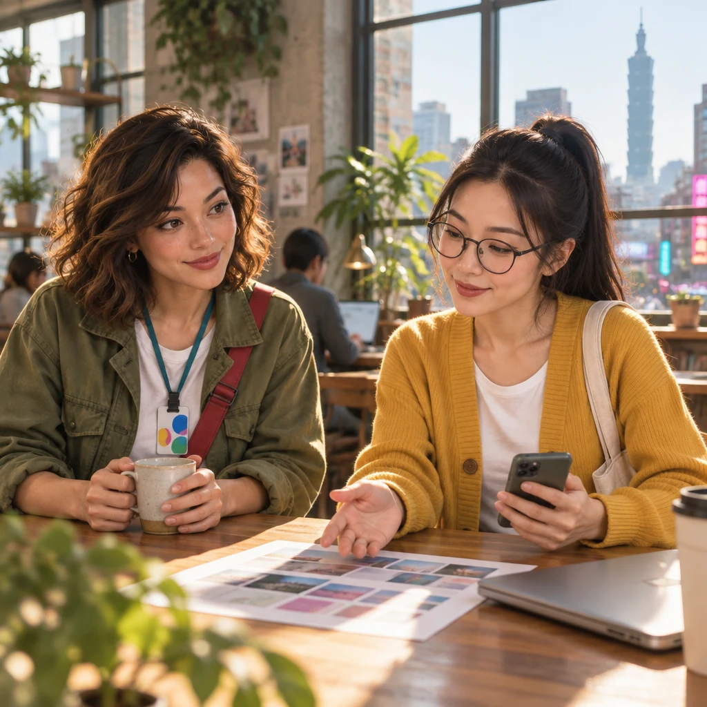Yi-Jun opens a hand toward a finished design printout while Maya listens across the table.
