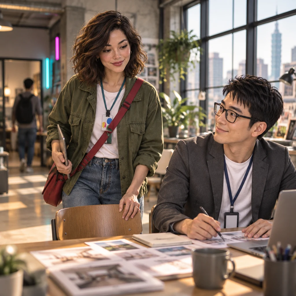 Maya walks over to sit with Zhi-Ming at a studio table covered in printouts.