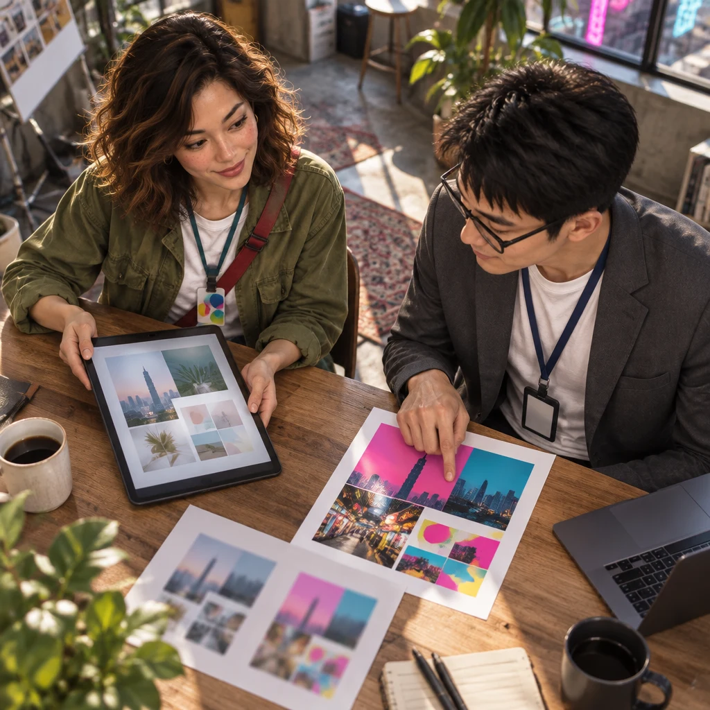 From above, Maya turns a tablet with a quieter layout toward Zhi-Ming at the studio table.
