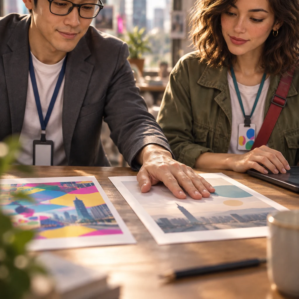 Zhi-Ming’s hand rests on the calmer of two blurred mockups while Maya’s hand stays near the tablet.