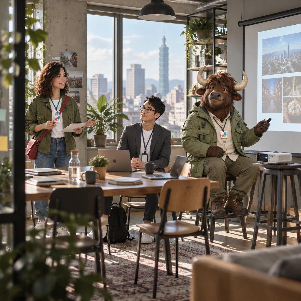 A small bright Taipei studio meeting room where Maya stands with notes, Zhi-Ming sits ready to listen, and A-Li the yak holds a clicker while sitting on two stools by the projector.