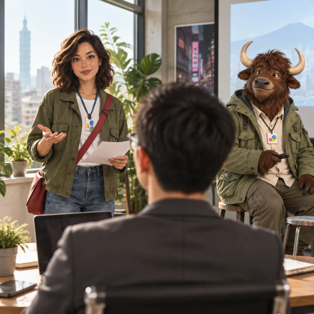 Maya begins her talk with an open sharing gesture toward seated Zhi-Ming, notes in her other hand, while A-Li the yak watches from two stools.