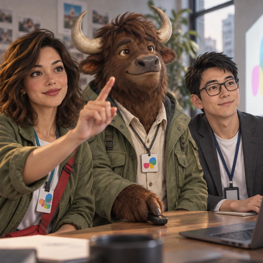 Maya lifts one finger toward the projector for her first point while A-Li the yak presses the clicker and Zhi-Ming turns toward the screen.