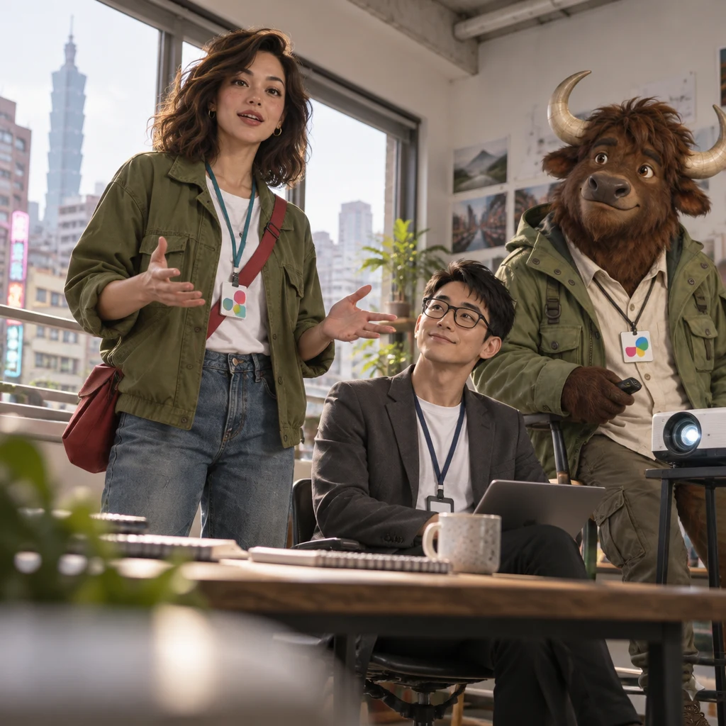 Maya steps forward with both hands open for the last point, notes left on the table, while Zhi-Ming nods and A-Li the yak leans on the extra stool.