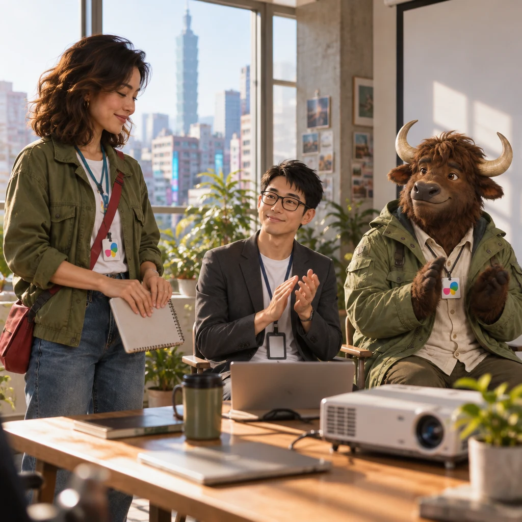 Maya closes her notes with a small nod as the talk ends, Zhi-Ming claps, and A-Li the yak claps from the two stools.