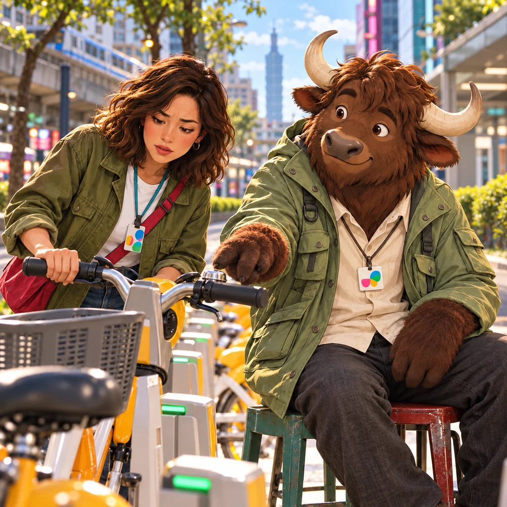 Maya is beside a bike-share bicycle that will not unlock while Ali offers a confident, kind suggestion.