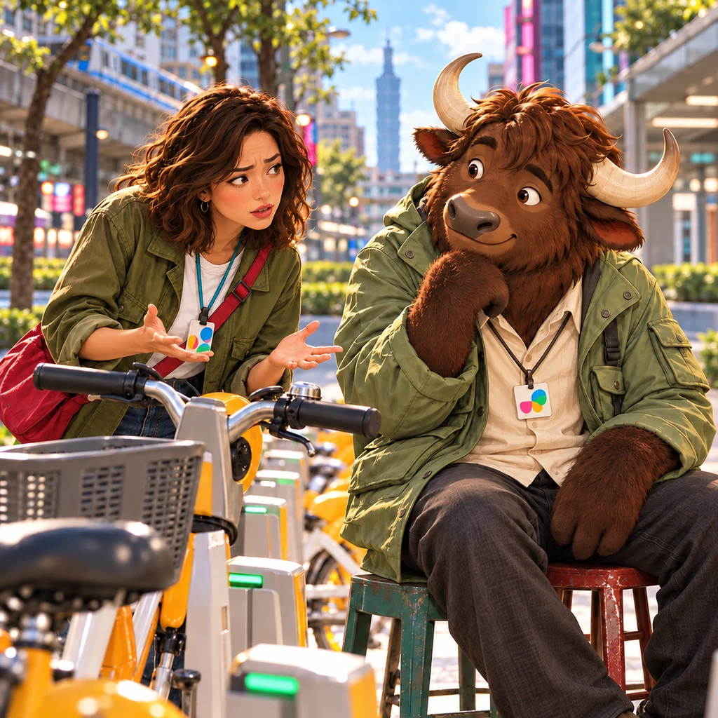 Maya appeals to Ali for help beside the bicycle that will not unlock.