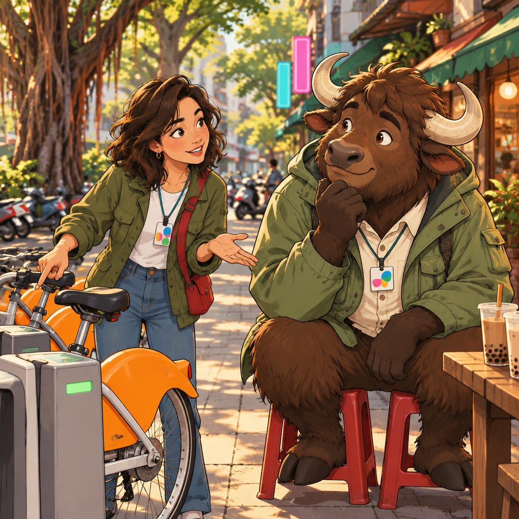 Maya directly asks Ali for assistance while gesturing toward the stuck bicycle.