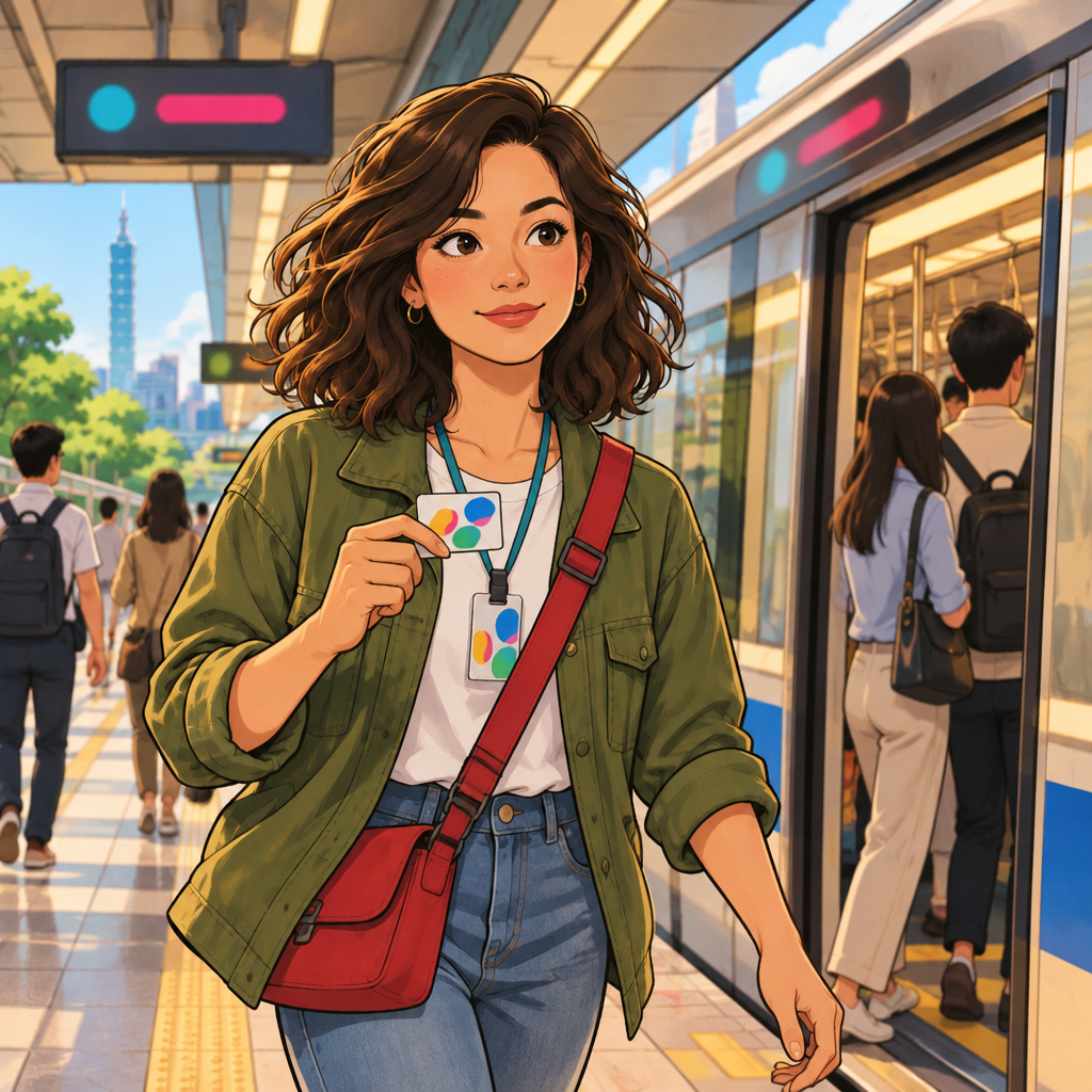 Maya heads toward an MRT train with her transit card ready, showing her regular way of getting around.