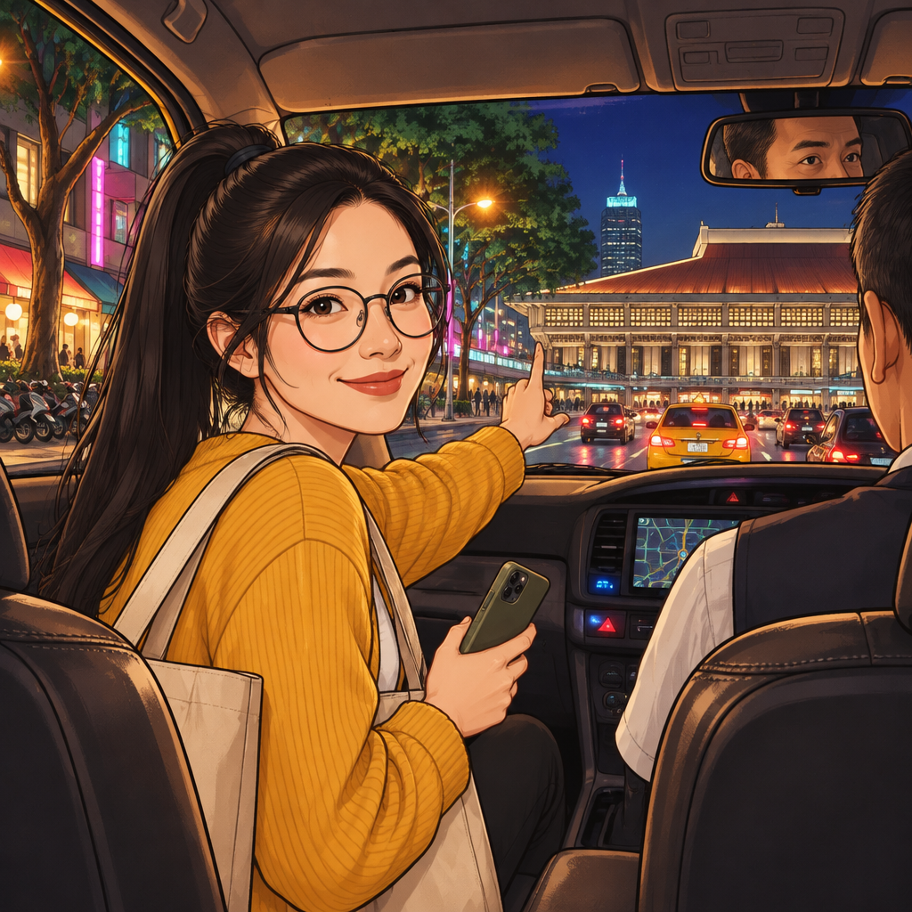 Yi-Jun indicates Taipei Main Station to the taxi driver as the taxi approaches the station.