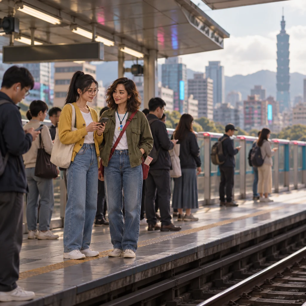 Yi-Jun and Maya plan a Tainan trip on a busy Taipei MRT platform, with a small folded fortune slip peeking from Maya’s bag.