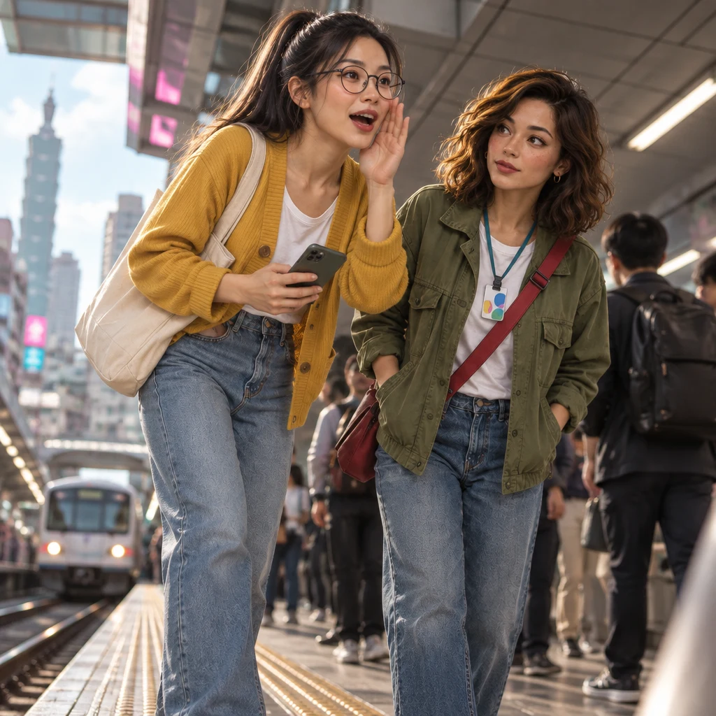 Yi-Jun loudly proposes meeting at the MRT station while Maya listens beside him on the busy platform.