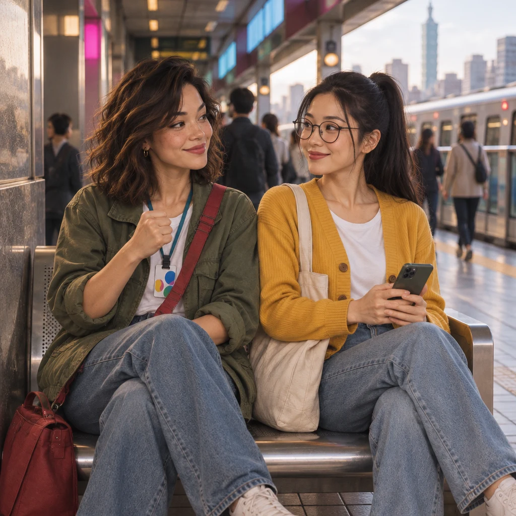 Maya and Yi-Jun sit on a platform bench and agree that the meeting plan is settled.
