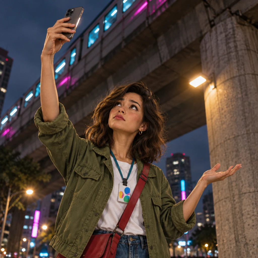 Maya holds her phone high as the call fails beneath the elevated MRT.