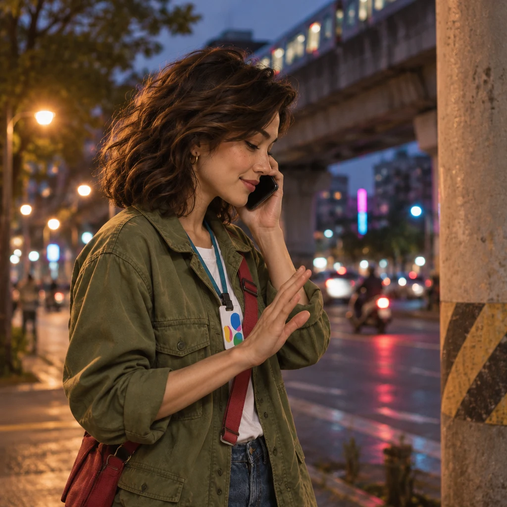 Maya makes an apologetic gesture on a call after reaching the wrong number.