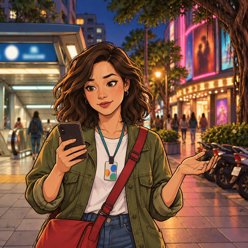 Maya gives a tentative shrug while checking her phone on the walk to the theater.