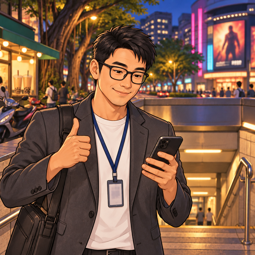 Zhi-Ming offers a calm thumbs-up while checking his phone near the station exit.