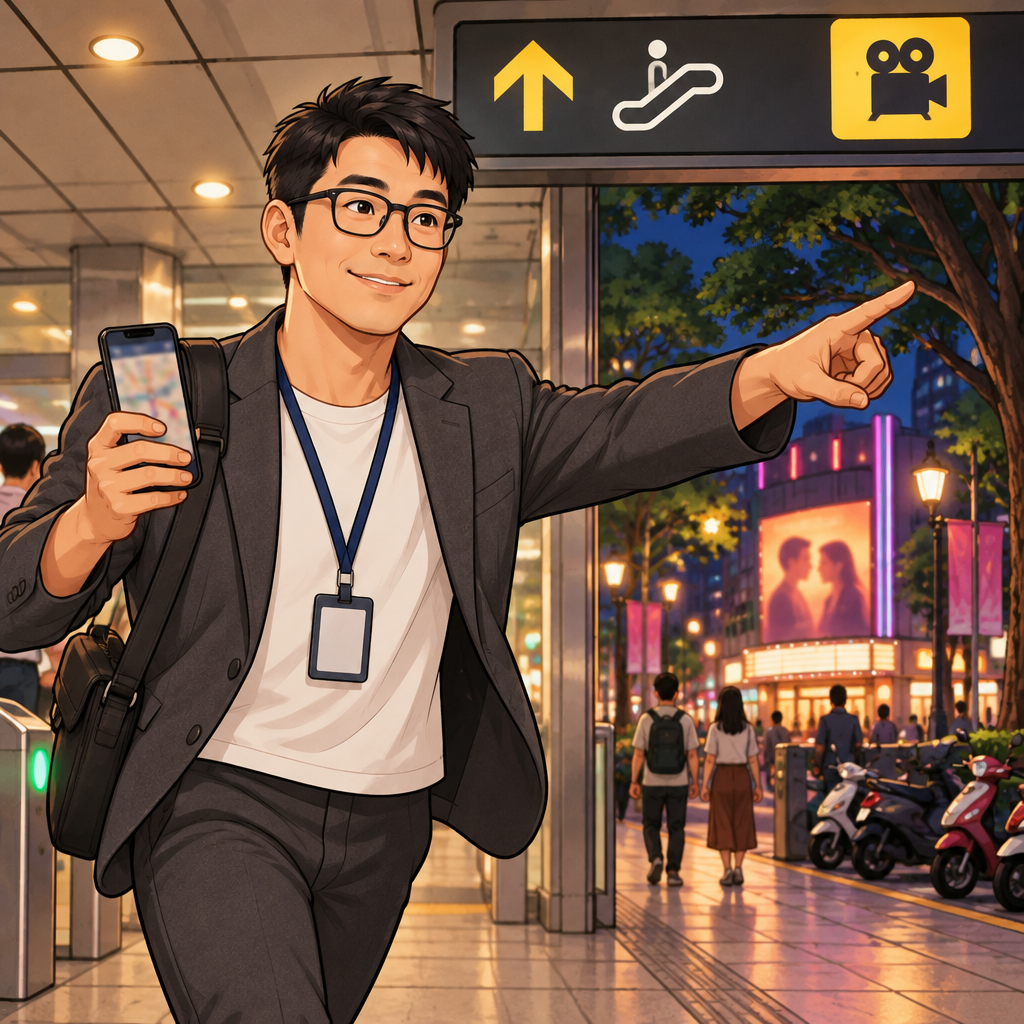 Zhi-Ming strides toward the station exit with his phone in hand, looking close to arrival.