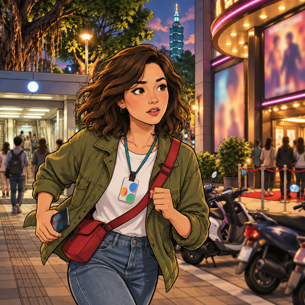Maya hurries toward the nearby theater entrance with a worried glance at the time.
