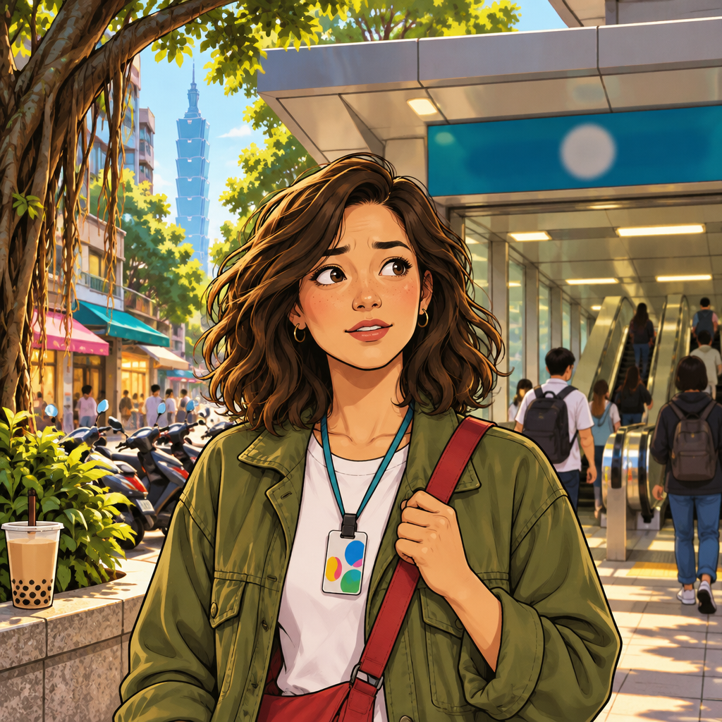 Maya stands at the MRT station entrance, taking in the station around her.