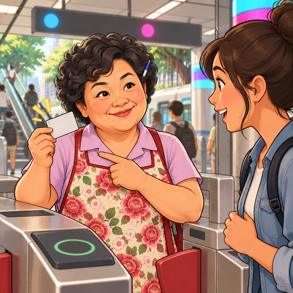 Auntie Lin holds up an EasyCard for Maya to see.