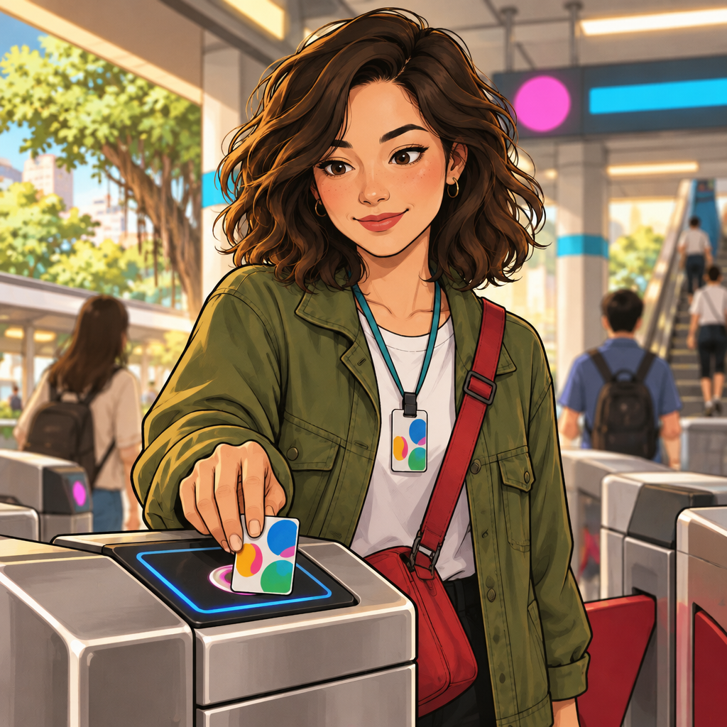 Maya taps her EasyCard at the fare gate.