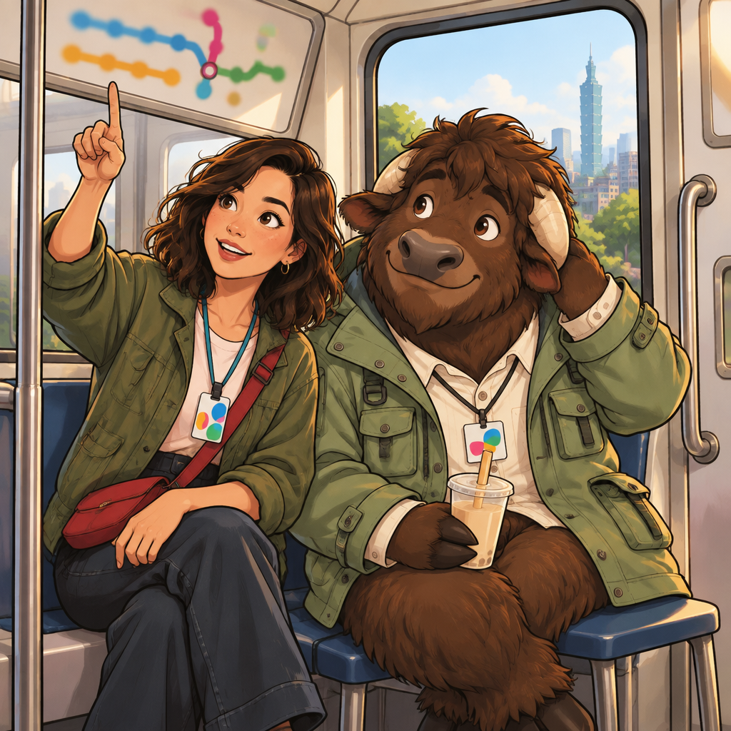 Maya looks at the transfer route while A-Li rides in the end car with his horns tucked in.