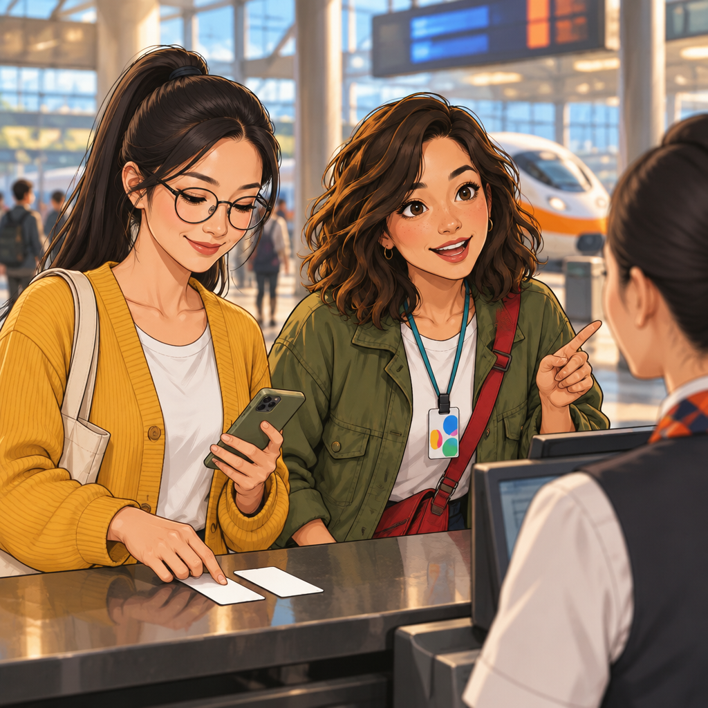 Yi-Jun arranges tickets at the Taipei Main Station counter while Maya follows along and engages the clerk.