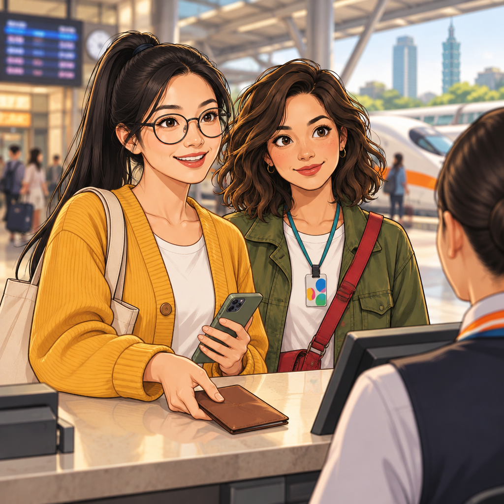 Yi-Jun requests a high-speed rail ticket to Tainan while Maya stands beside him at the counter.