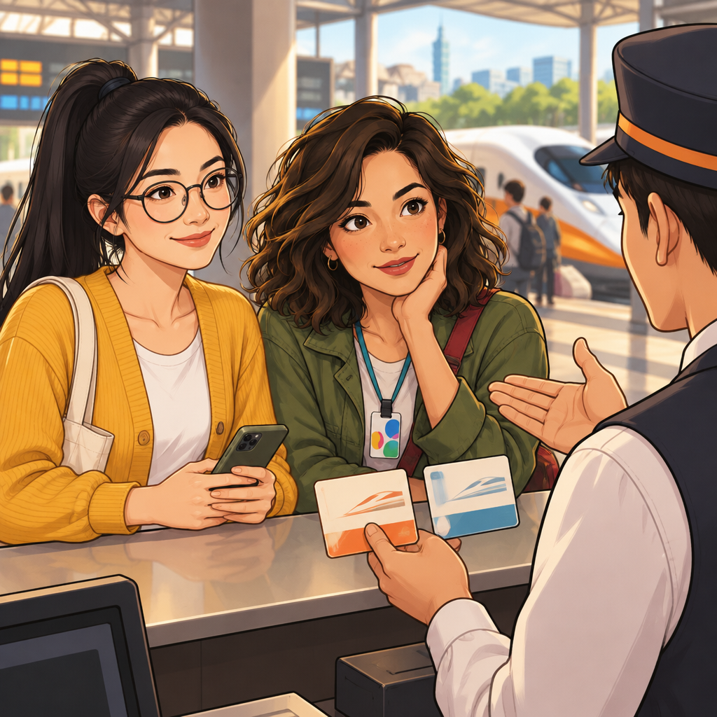 The clerk offers the choice between a one-way and a round-trip ticket as Maya and Yi-Jun listen.