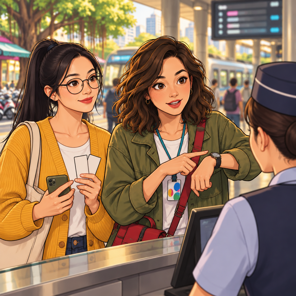 Maya asks the clerk what time the train leaves while Yi-Jun stands beside her.