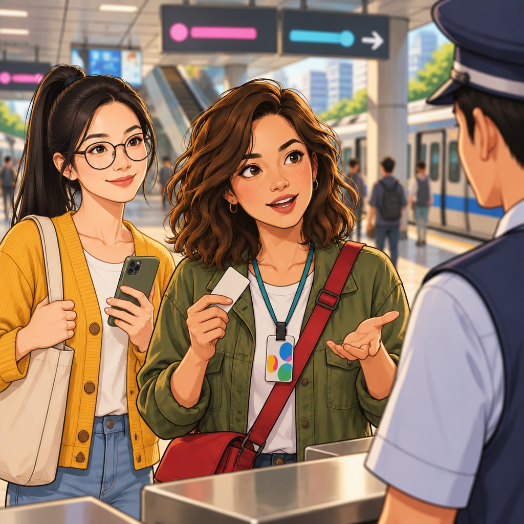 Maya asks a station attendant which platform to board from while checking her ticket with Yi-Jun nearby.