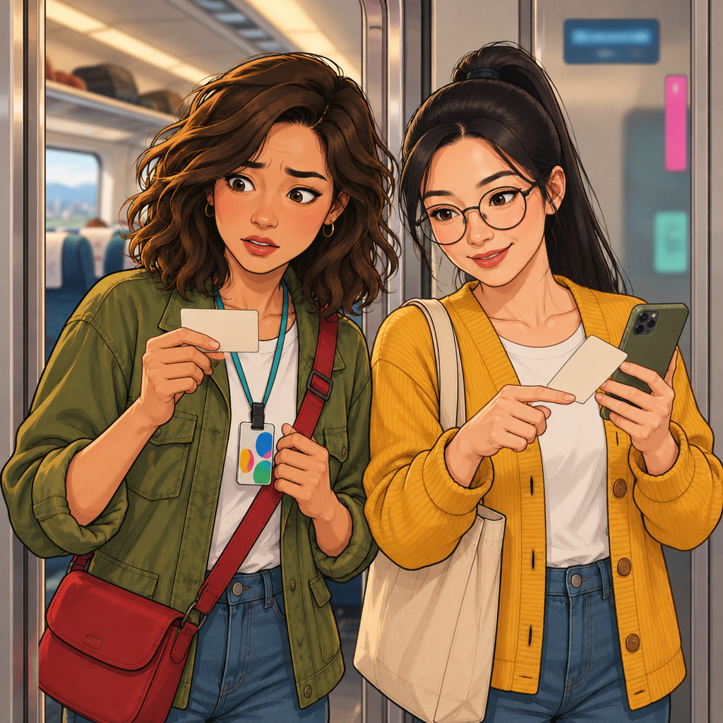 Maya realizes she is in the wrong train car as Yi-Jun helps her check their tickets beside the carriage doorway.