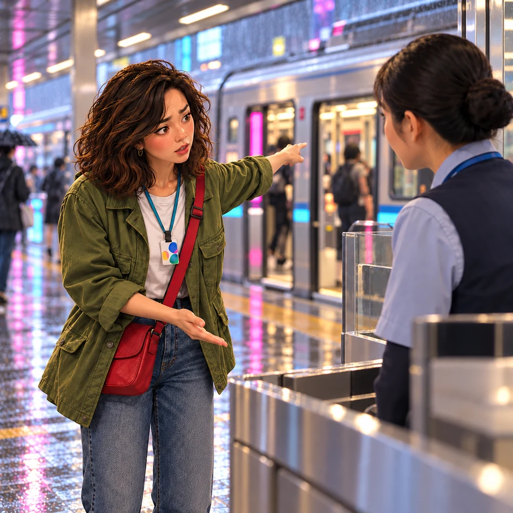 Maya points toward a train at the platform as she recalls leaving her umbrella on it yesterday.