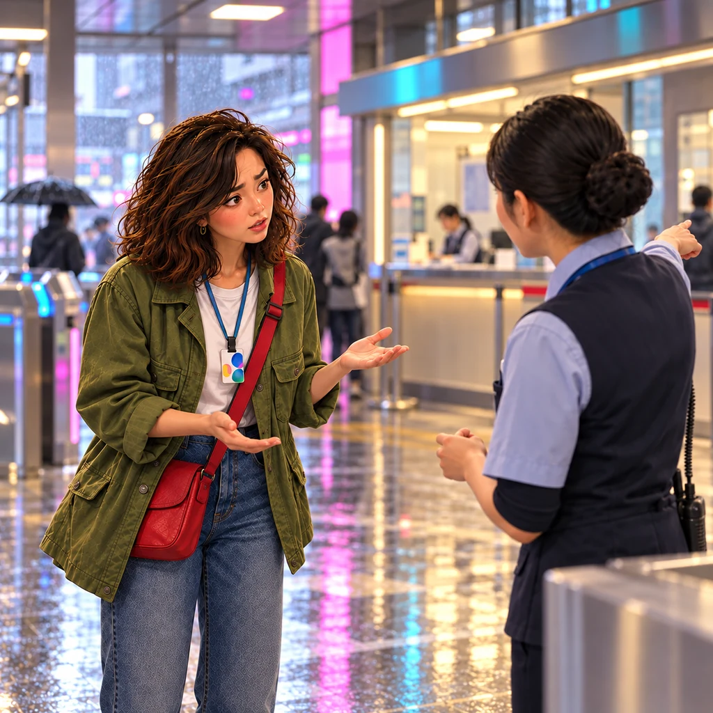Maya asks the station clerk for directions to lost and found, and the clerk points toward a nearby service counter.