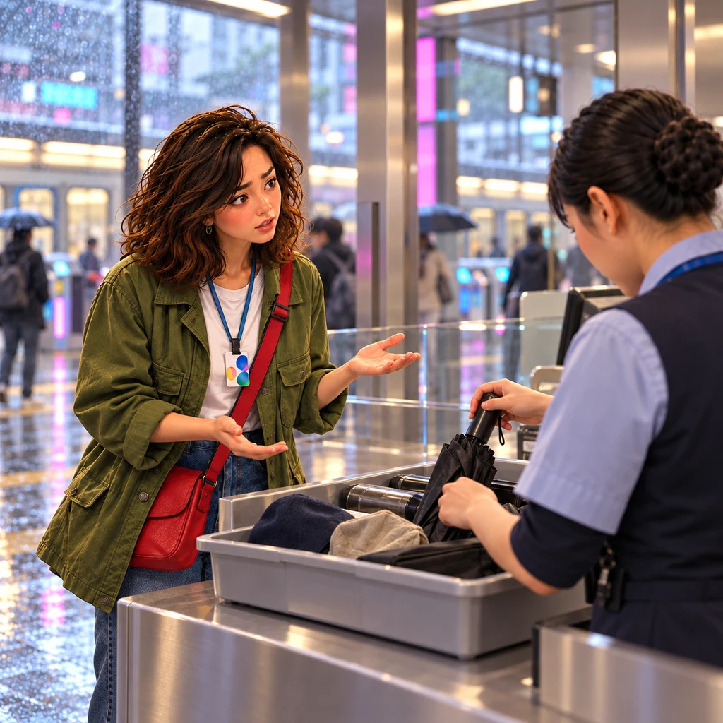 Maya asks whether anyone found her umbrella while the station clerk checks a tray of lost property.