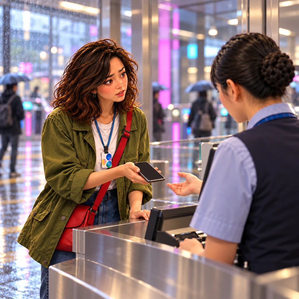 Maya offers her phone to the station clerk so she can leave her contact number.
